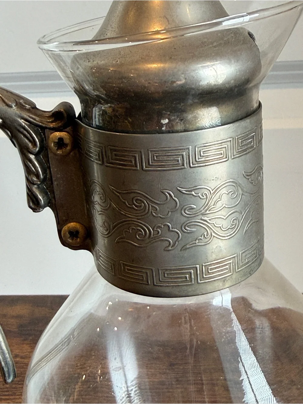 Vintage Corning Glass Coffee Tea Carafe Pitcher Silver Plated Ornate Trim Lid.